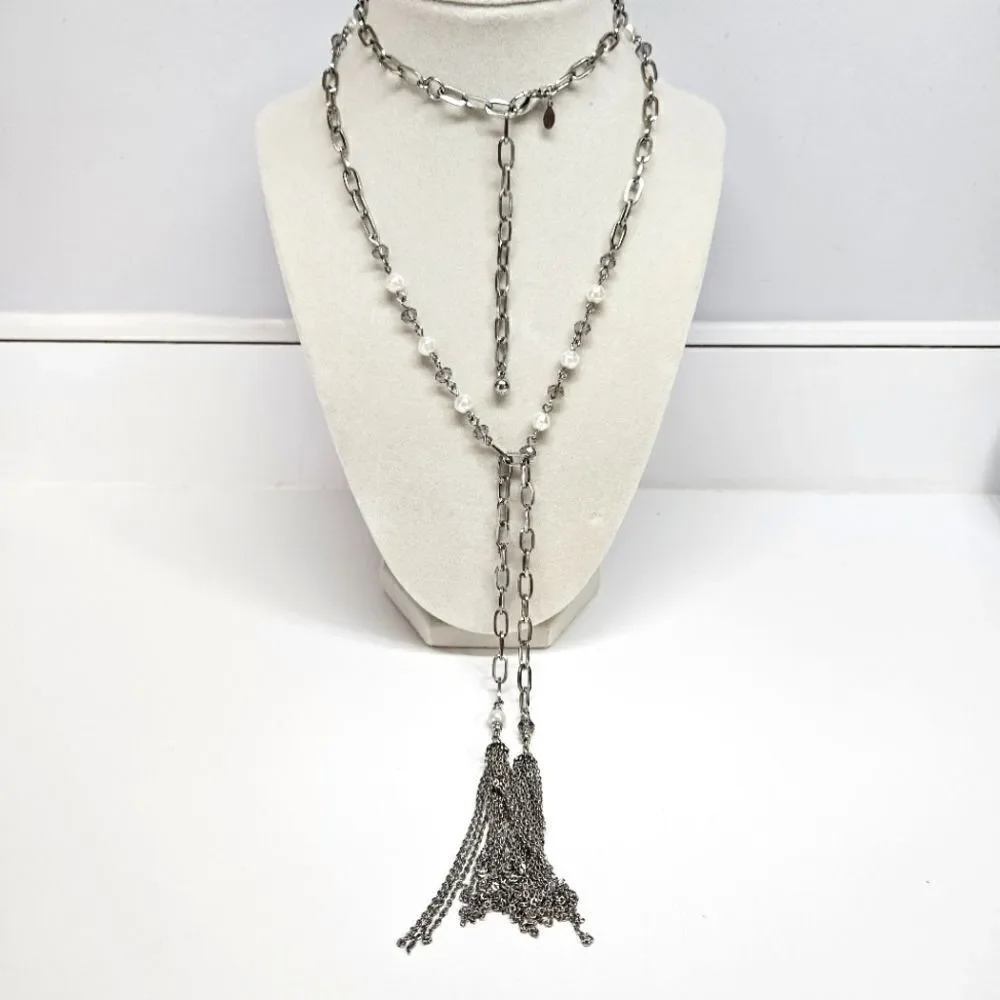 VINTAGE Premier Designs Silver Tone Beaded Tassel Long Chain Necklace